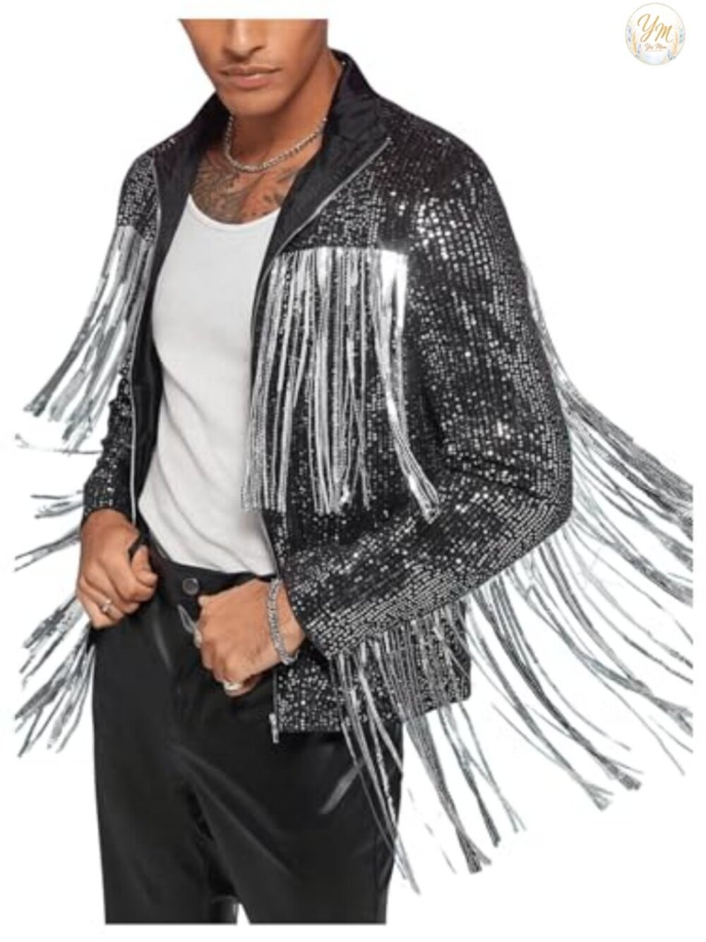 Men's Fringe Trim Sequin Zip Up Long Sleeve Regular Fit Jacket